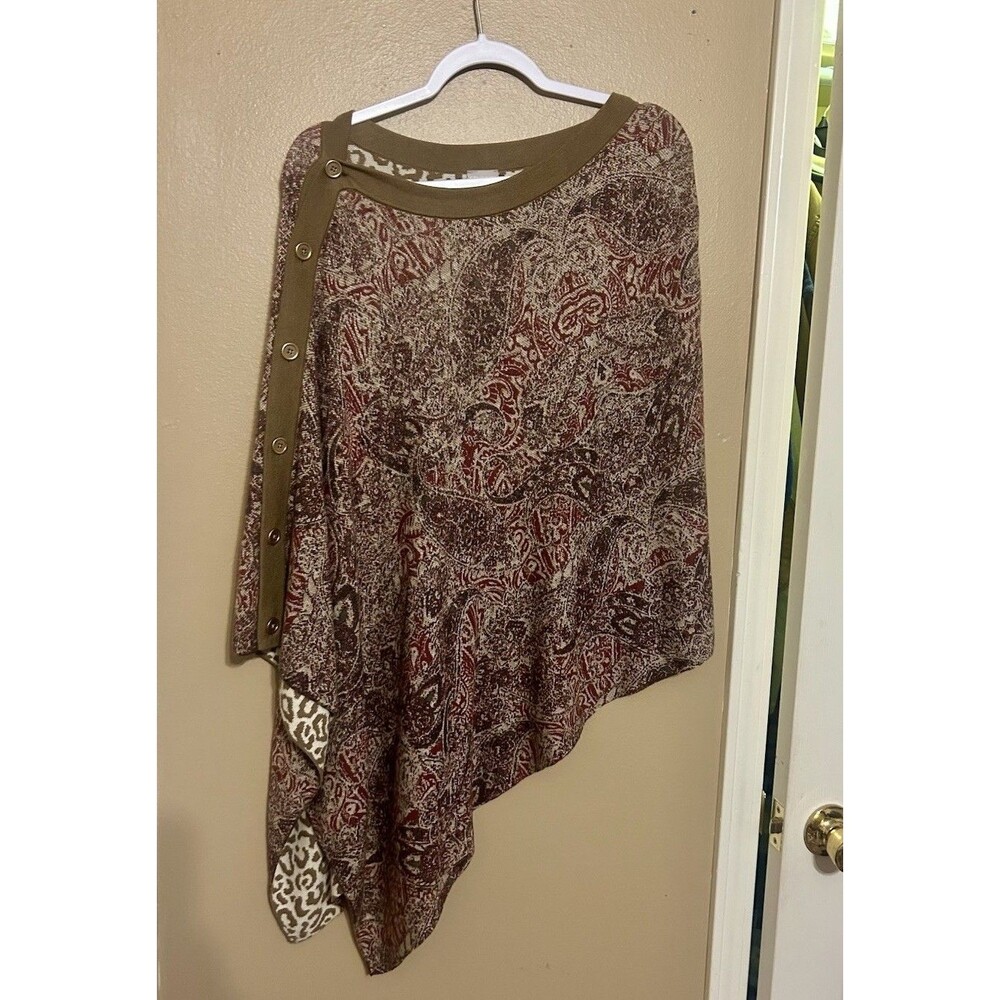 Chicos Reversible Leopard Mixed Animal Print Poncho Blouse Ruana Button One Size